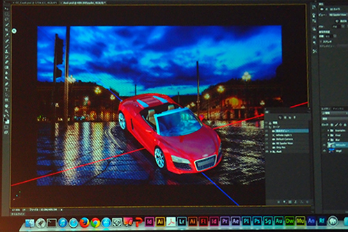 Photoshop CCのデモ。まずは2D写真の背景に3D画像を乗せる合成、テクスチャ、反射などをデモ。
